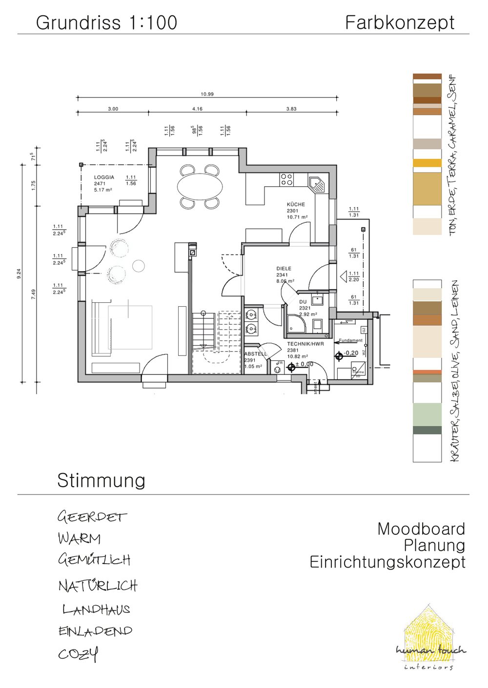 Grundriss und Farbkonzept des Einfamilienhauses