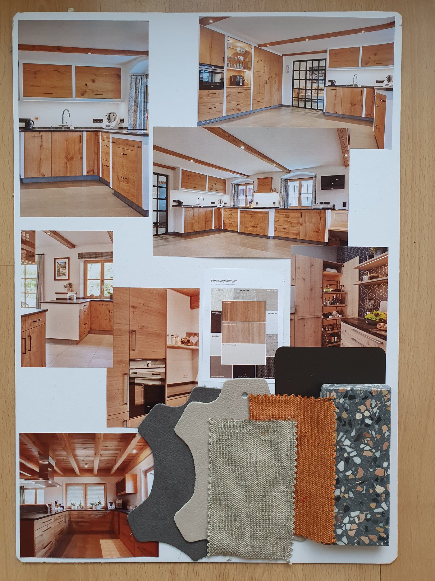 Moodboard für die Küche in warmen Eichentönen mit schwarzen Akzenten